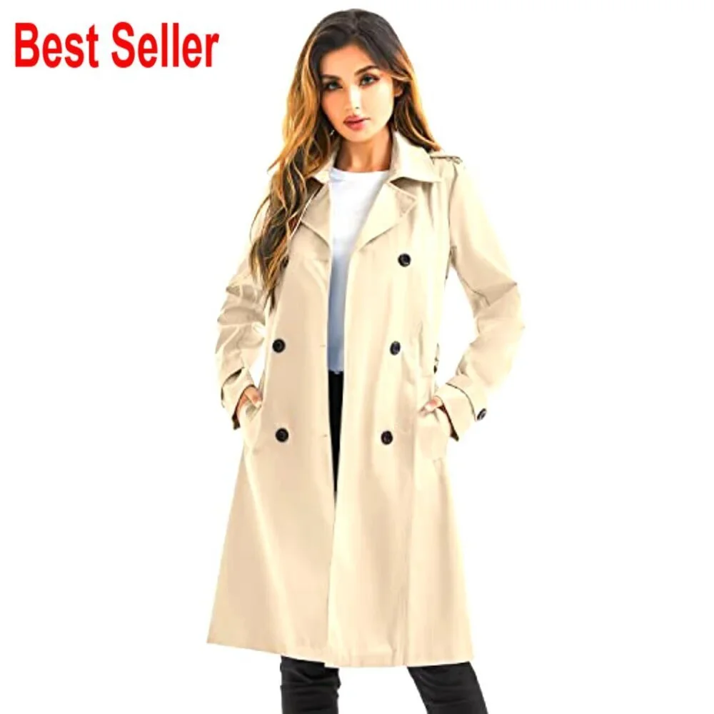 Classic Double Breasted Trench Coat Windproof Water Resistant Detachable Hood - Picture 4 of 5